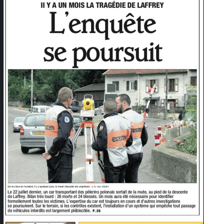 Le Dauphiné libéré front page, 22 August 2007: the survey at the Laffrey crash site