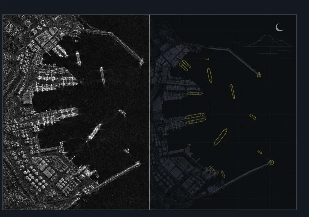 The same port at night, under cloud: the SAR image, then automatically detected vessels. Illustration.